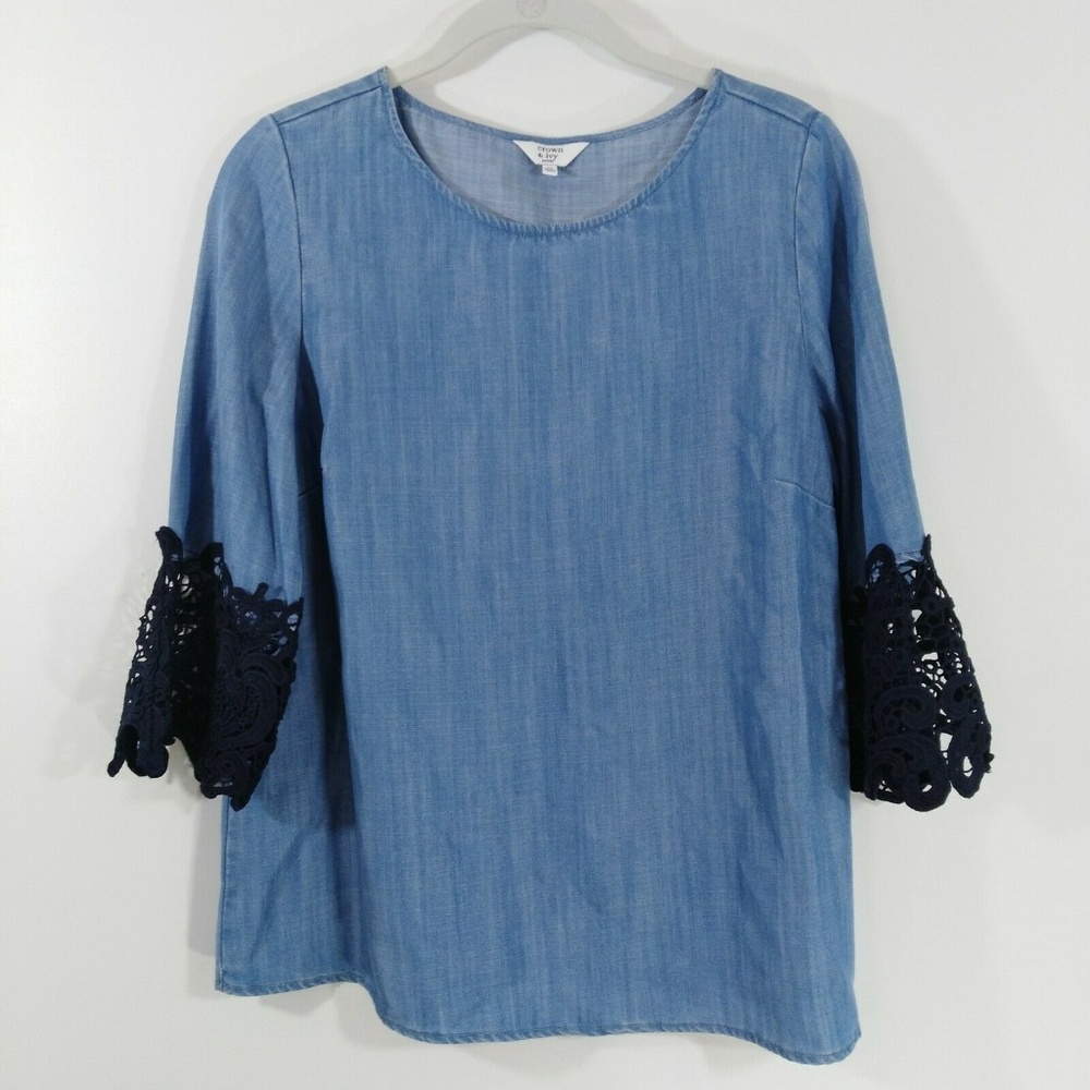 Crown & Ivy Shirt Petite Small Blue Chambray Lace‎